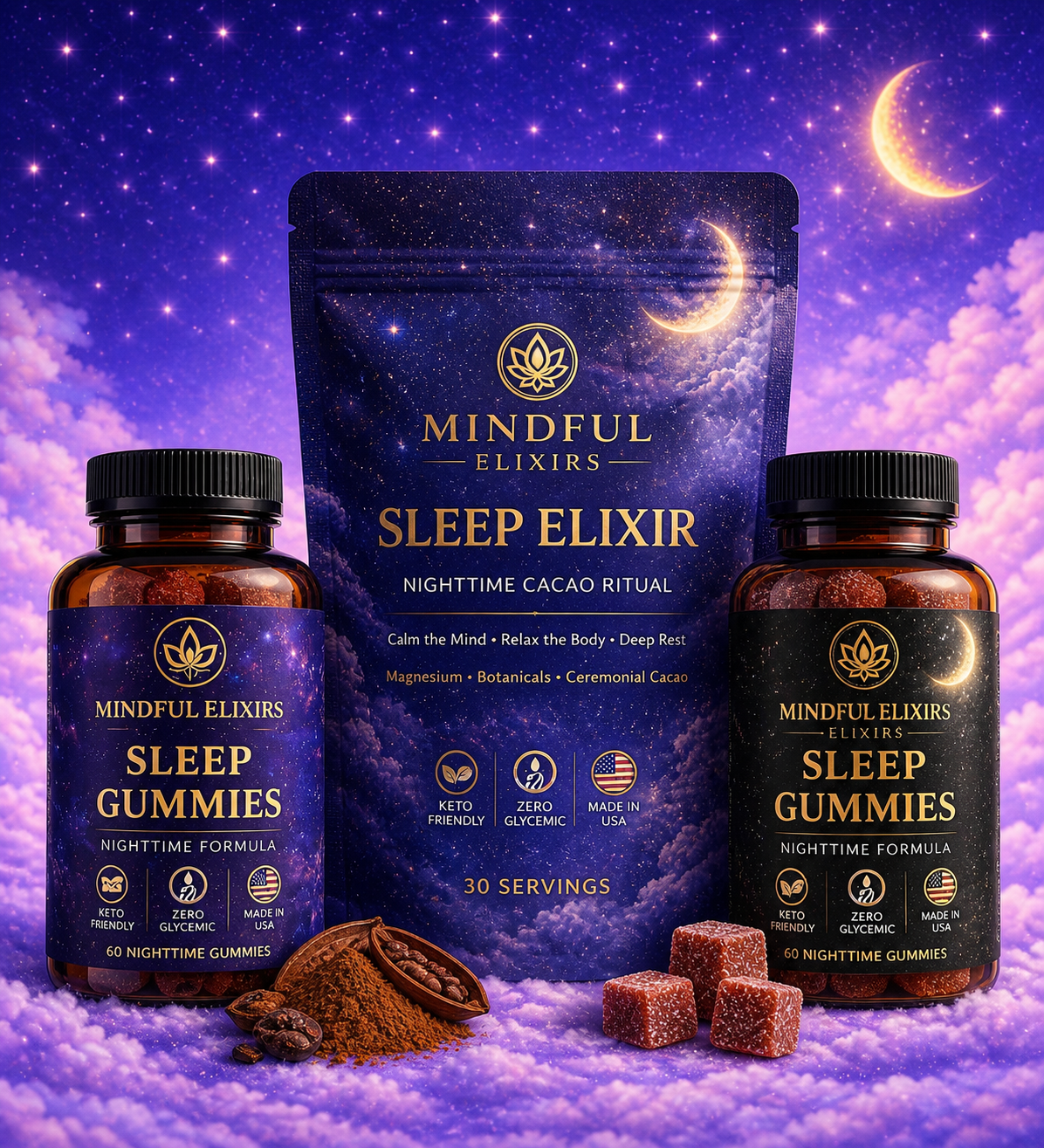 Mindful Elixirs Sleep Elixir on a starry night background